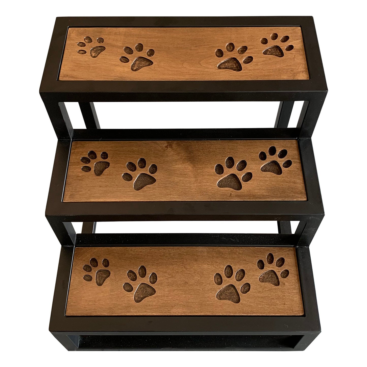 Multi Purpose Stool - Carved Design - Acacia Wood - Metal Frame - Dog Steps