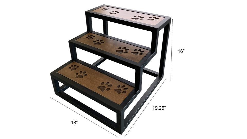 Multi Purpose Stool - Carved Design - Acacia Wood - Metal Frame - Dog Steps