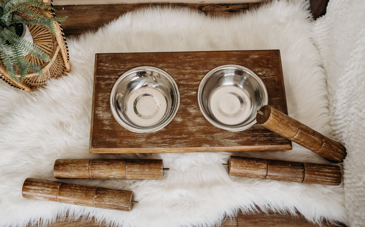 Boho Raised Dog Bowl with Stand, Two Bowls for Food and Water, Puppy to Large Dog Transition Set