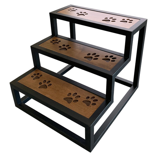 Multi Purpose Stool - Carved Design - Acacia Wood - Metal Frame - Dog Steps
